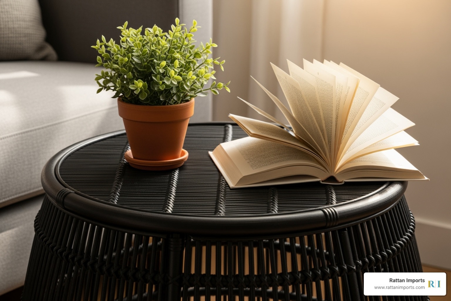 A round black rattan side table styled with a small plant and a book. - black rattan side table