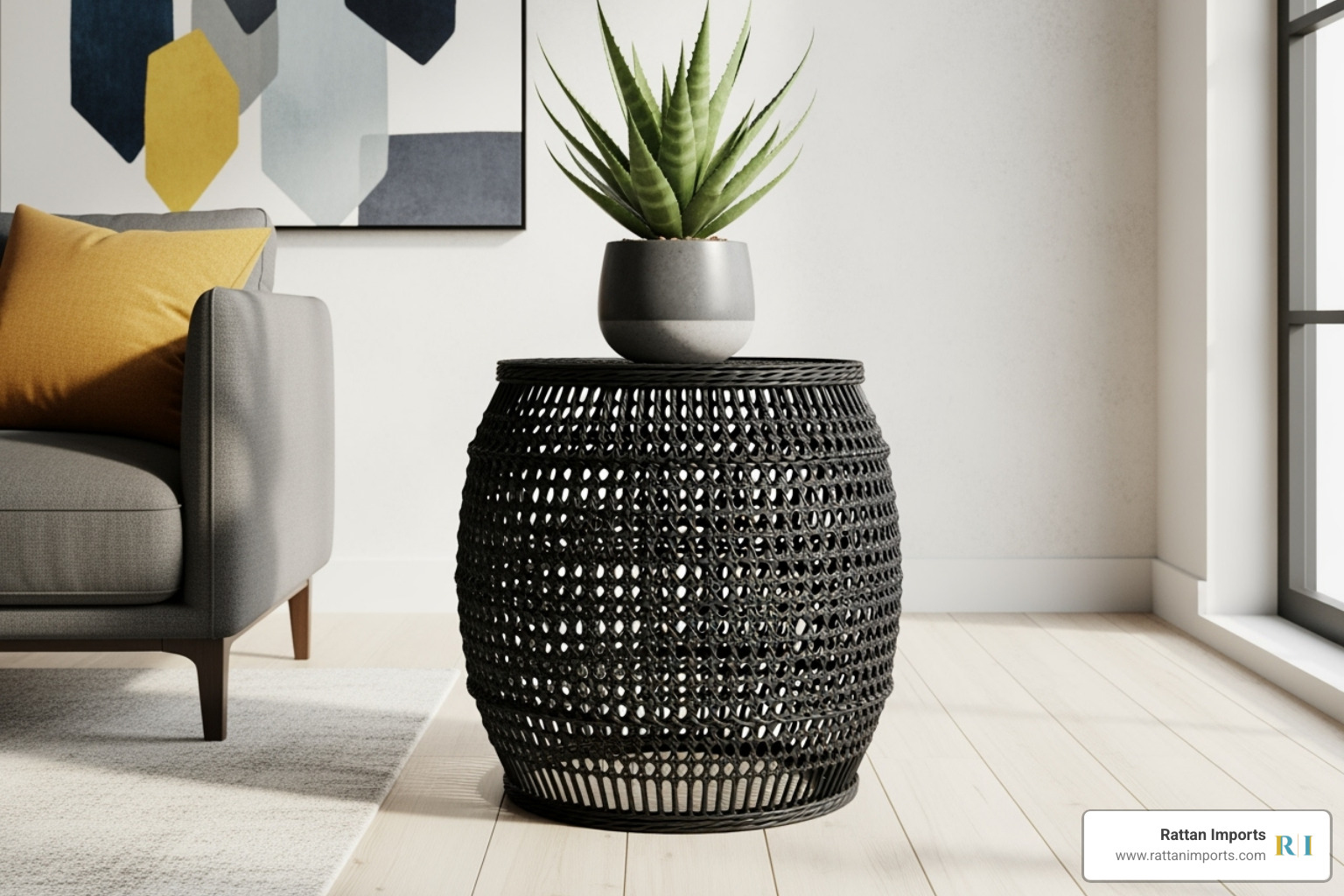 A black rattan drum-shaped side table making a bold statement. - black rattan side table