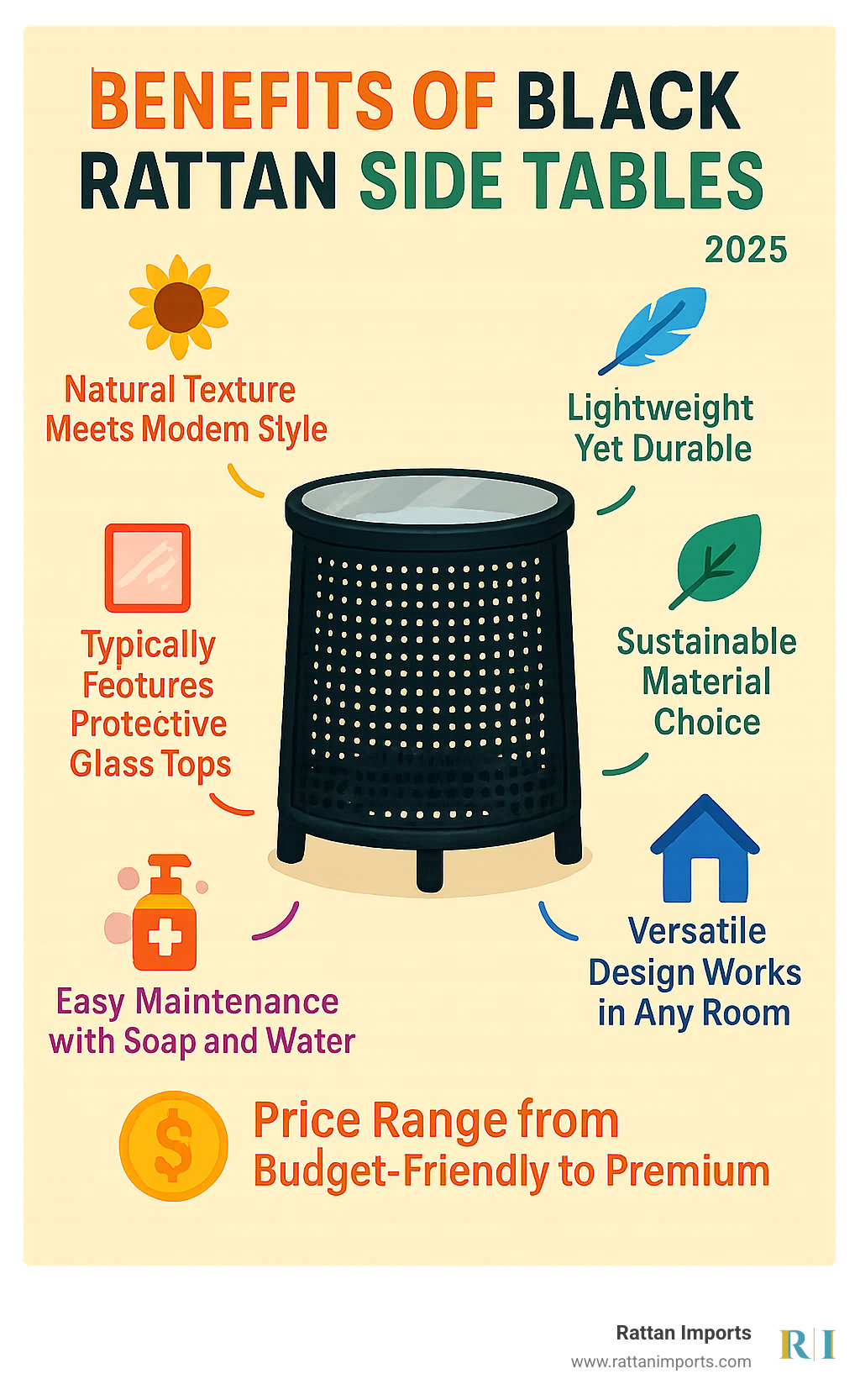 Infographic showing key benefits of black rattan side tables: natural texture meets modern style, lightweight yet durable construction, sustainable material choice, versatile design works in any room, easy maintenance with soap and water, typically features protective glass tops, and price range from budget-friendly to premium options - black rattan side table infographic 