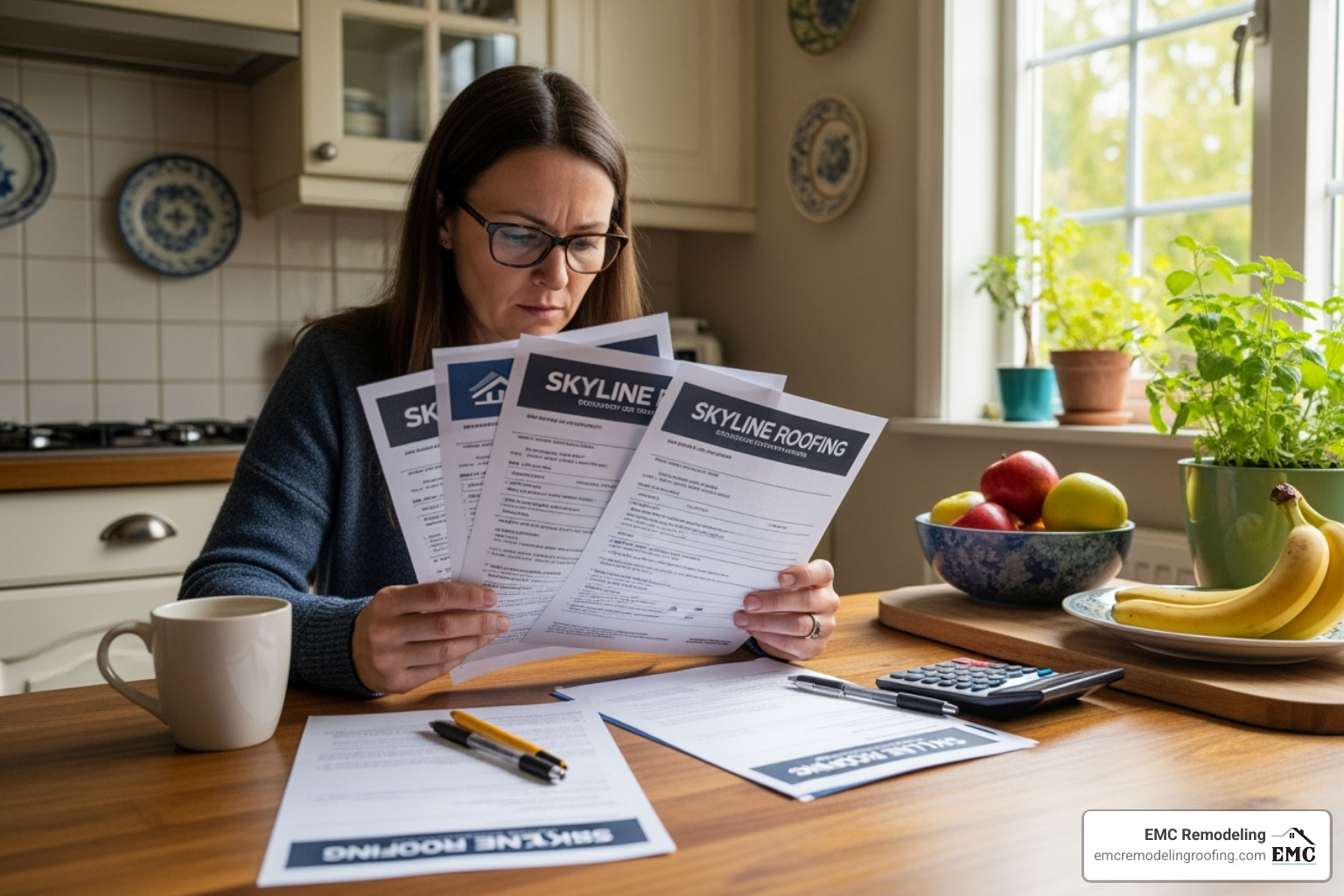 Homeowner reviewing multiple roofing quotes at a kitchen table - metal roof quotes near me