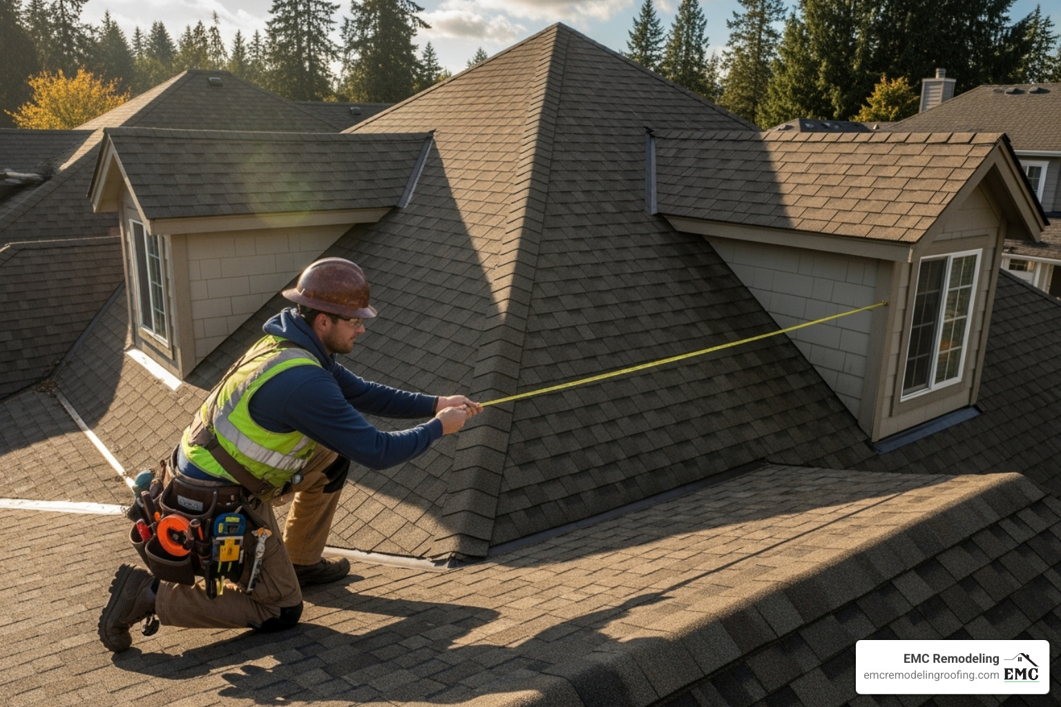 Roofer measuring a complex roofline on a residential home - metal roof quotes near me