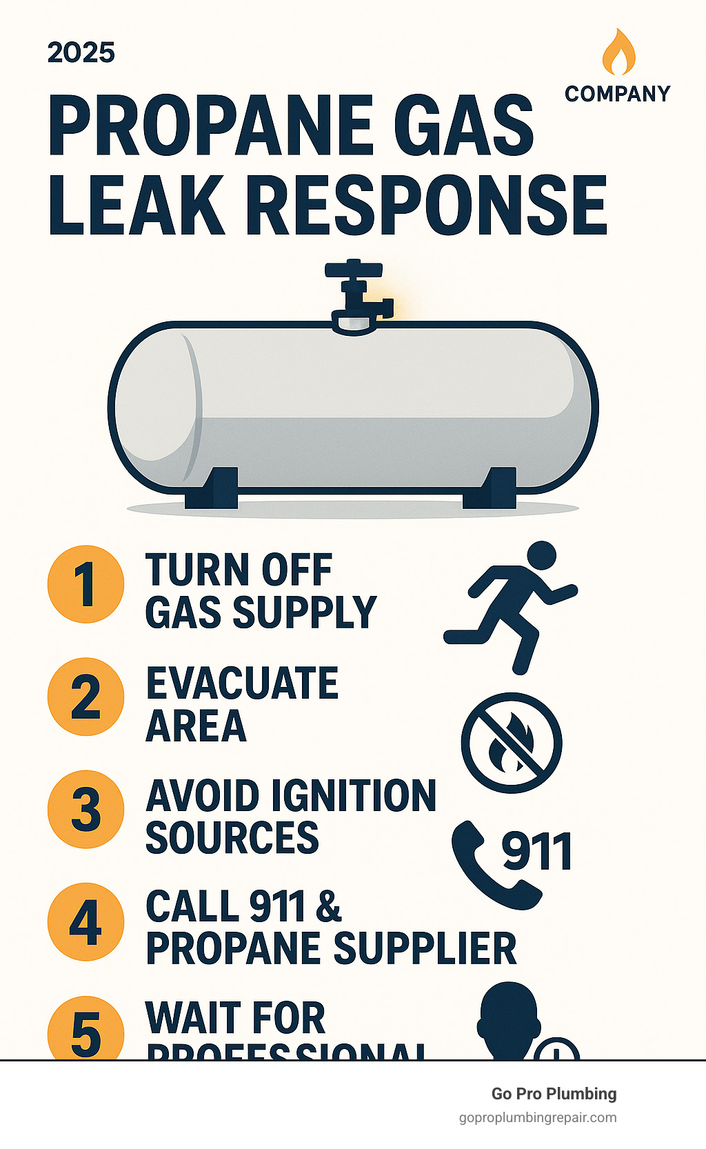 Infographic showing immediate emergency steps for propane gas leak detection and response, including turning off gas supply valve, evacuating the area, avoiding ignition sources, calling 911 and propane supplier, and waiting for professional clearance before returning - propane gas leak repair infographic 