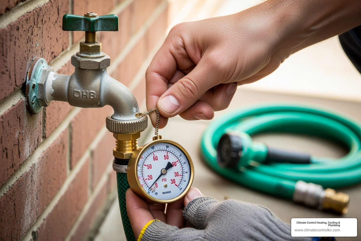person attaching pressure gauge to outdoor spigot - low water pressure