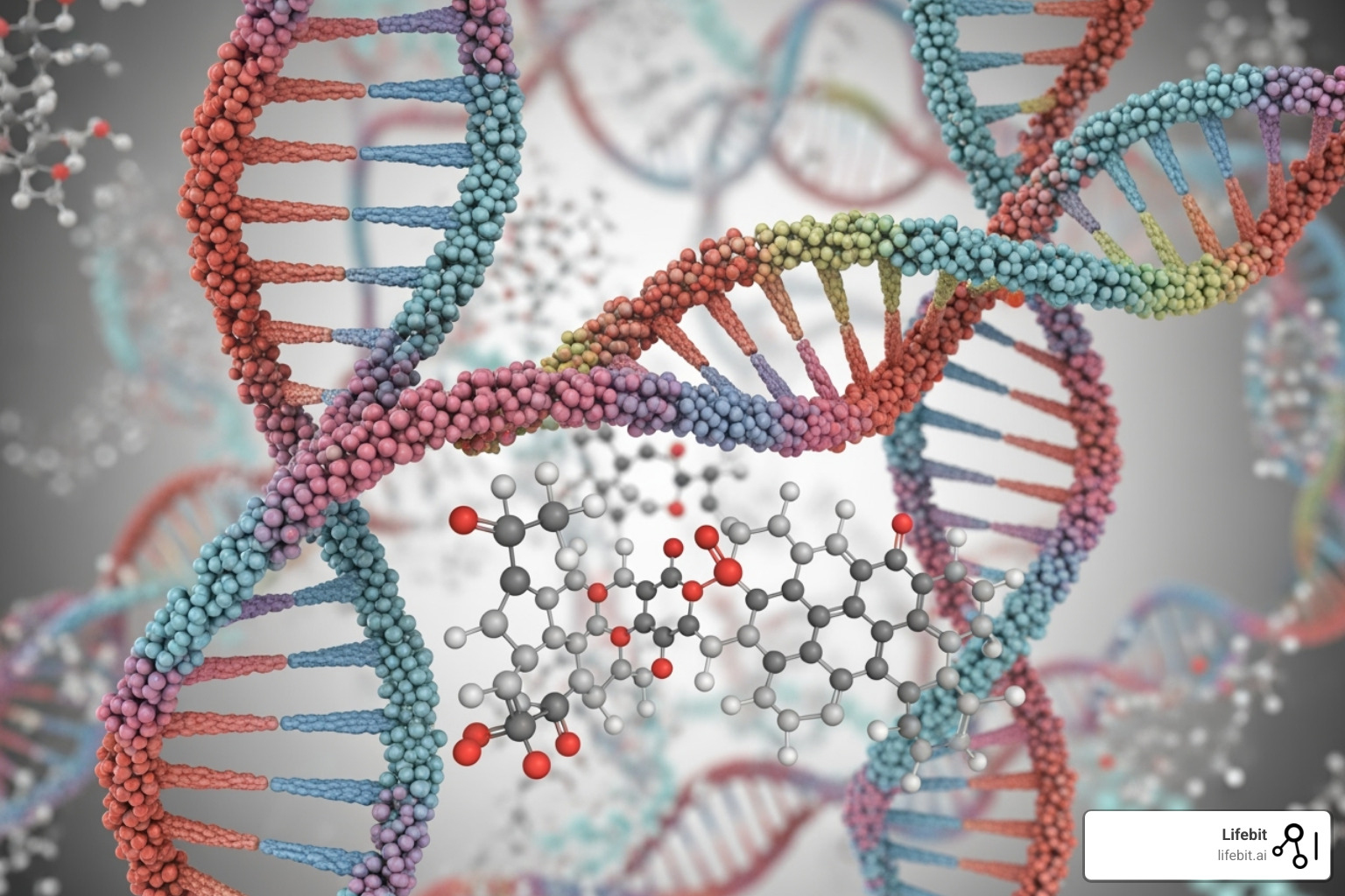 DNA double helix intertwined with a diagram of a targeted therapy drug - clinical cancer research
