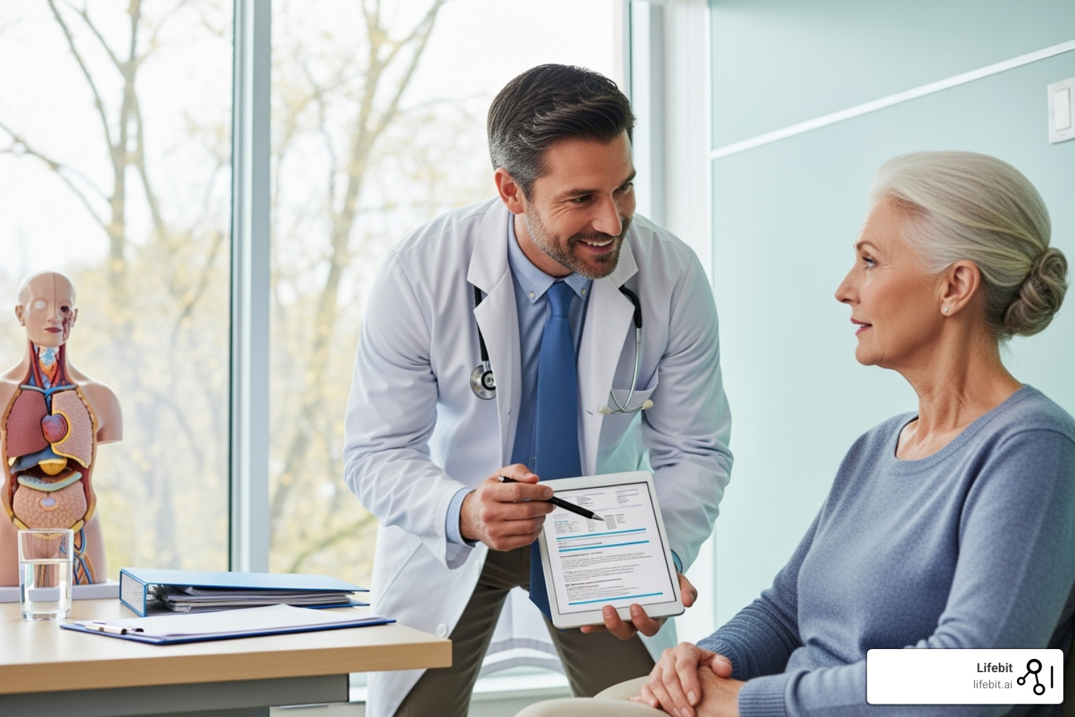 doctor compassionately discussing a treatment plan with a patient - clinical cancer research