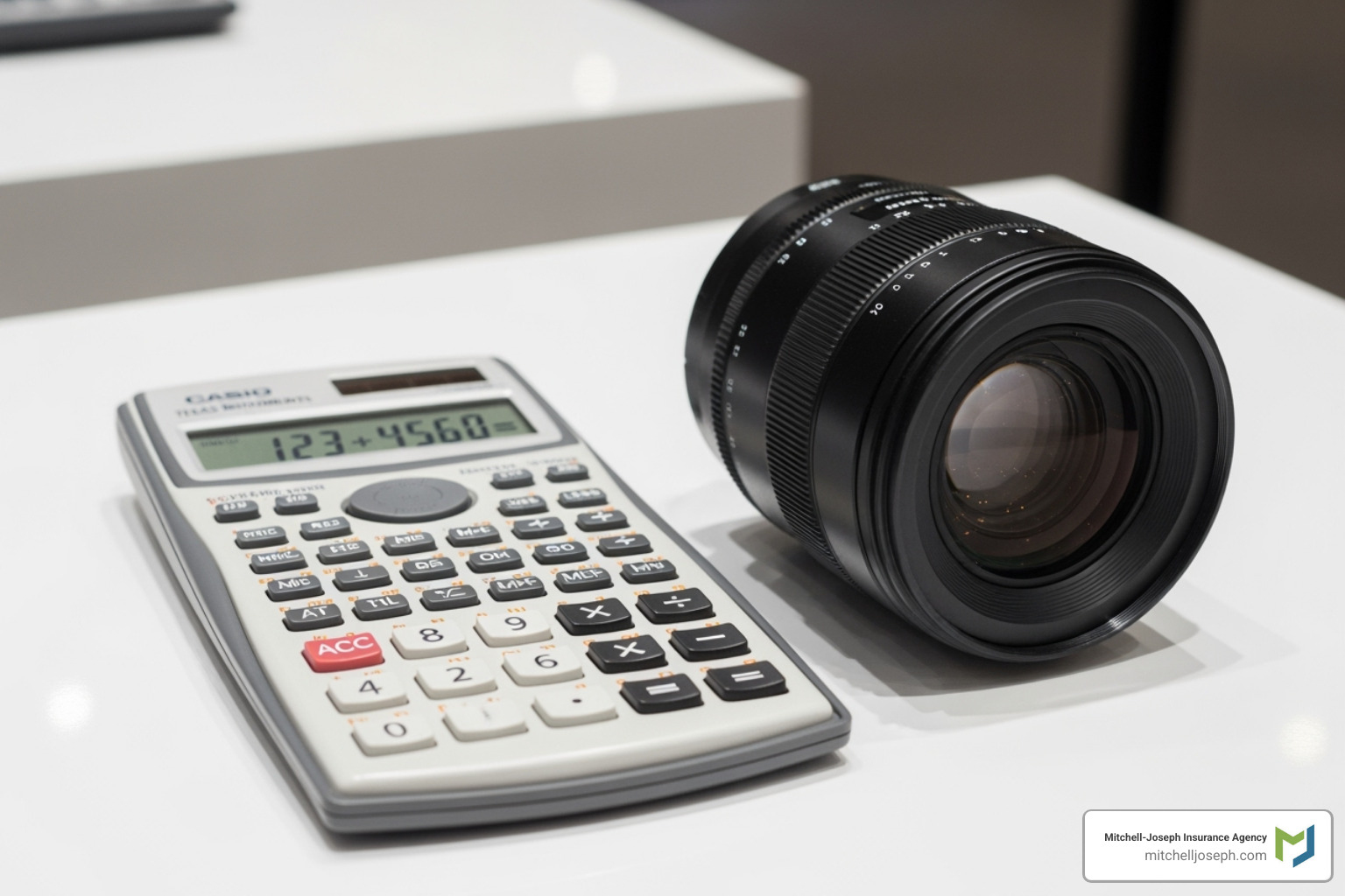 a calculator next to a camera lens - best insurance for photographers