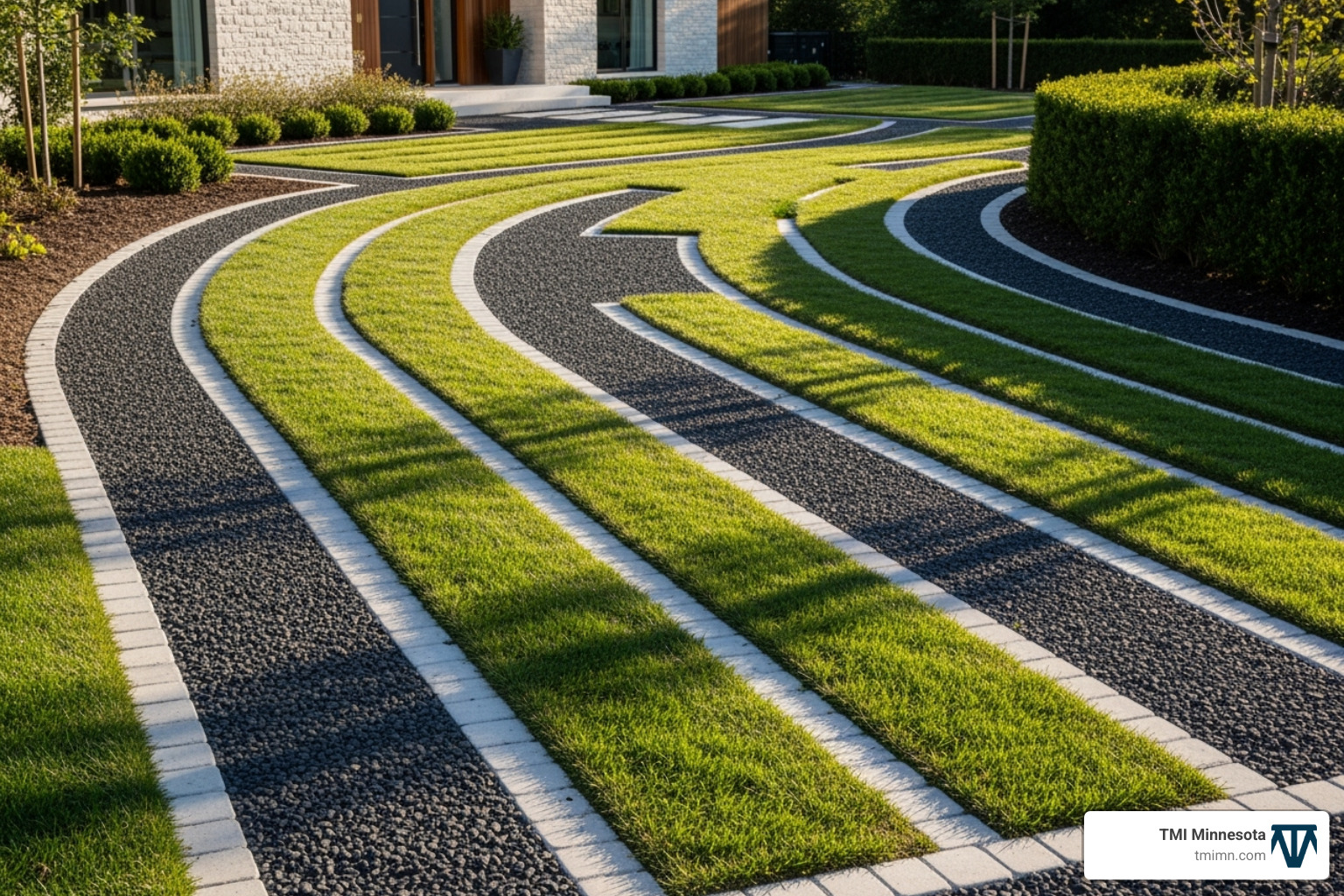 modern driveway combining dark gravel with light-colored paver edging and grass strips - driveway stone ideas