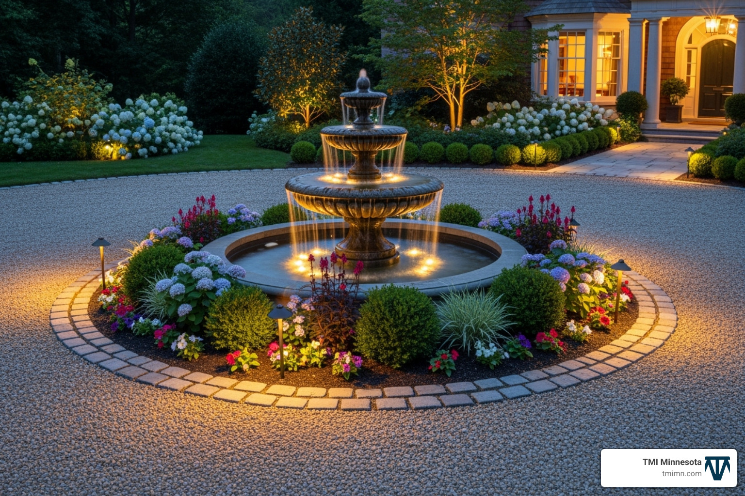circular gravel driveway with a central fountain and landscape lighting - driveway stone ideas