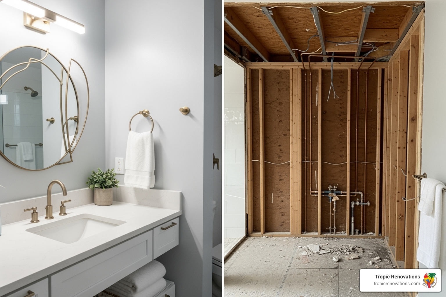 Split-screen showing a cosmetic "remodel" on one side and a structural "renovation" on the other - What is bathroom remodel?