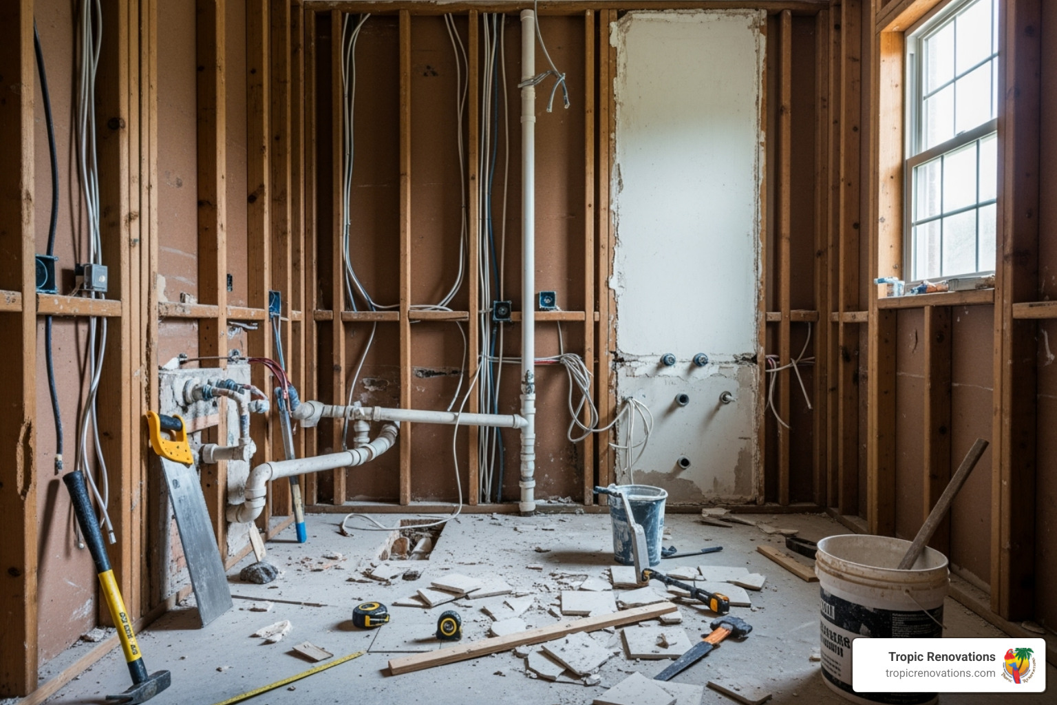 Bathroom stripped down to the studs during a full gut remodel - What is bathroom remodel?