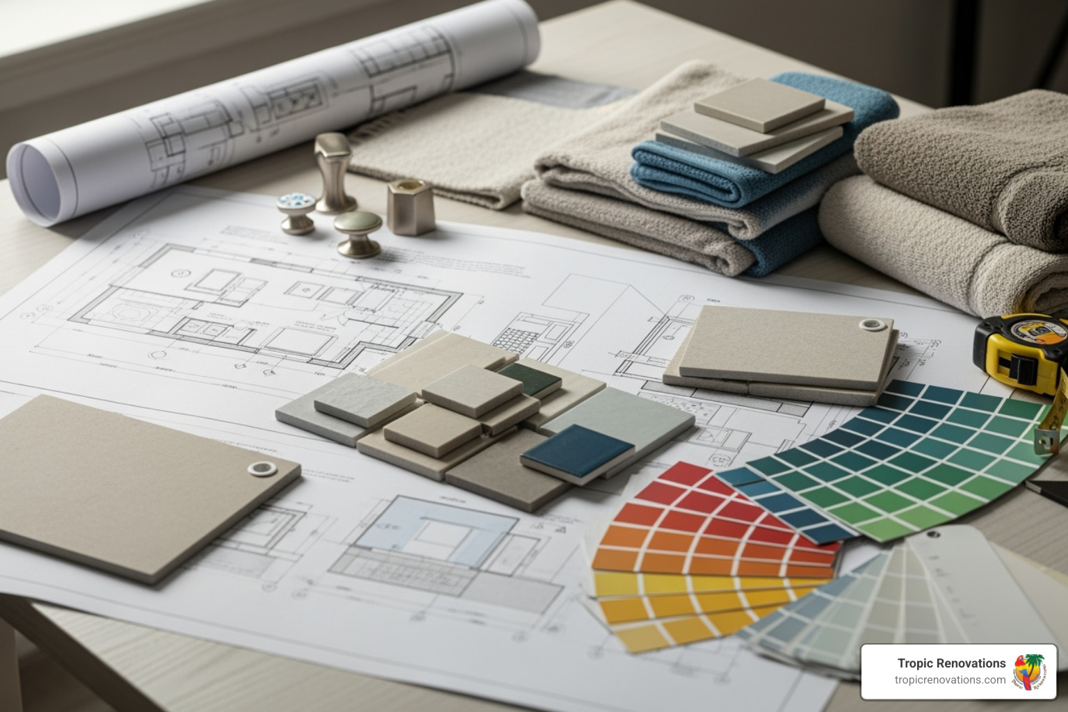 Design blueprint and material samples laid out on a table - What is bathroom remodel?