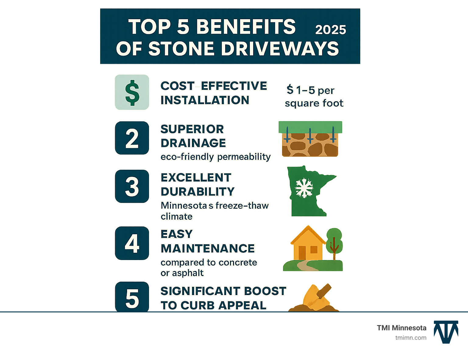 Infographic showing the top 5 benefits of stone driveways: 1) Cost-effective installation at $1-5 per square foot, 2) Superior drainage and eco-friendly permeability, 3) Excellent durability in Minnesota's freeze-thaw climate, 4) Easy maintenance and repair compared to concrete or asphalt, 5) Significant boost to curb appeal and property value - driveway stone ideas infographic 