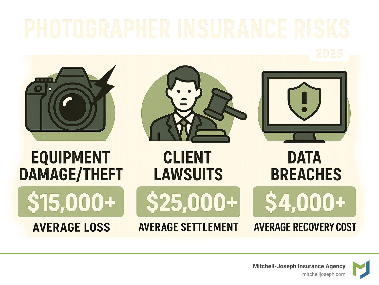Infographic showing photographer insurance risks: Equipment damage/theft ($15,000+ average loss), Client lawsuits ($25,000+ average settlement), and Data breaches ($4,000+ average recovery cost) - best insurance for photographers infographic 