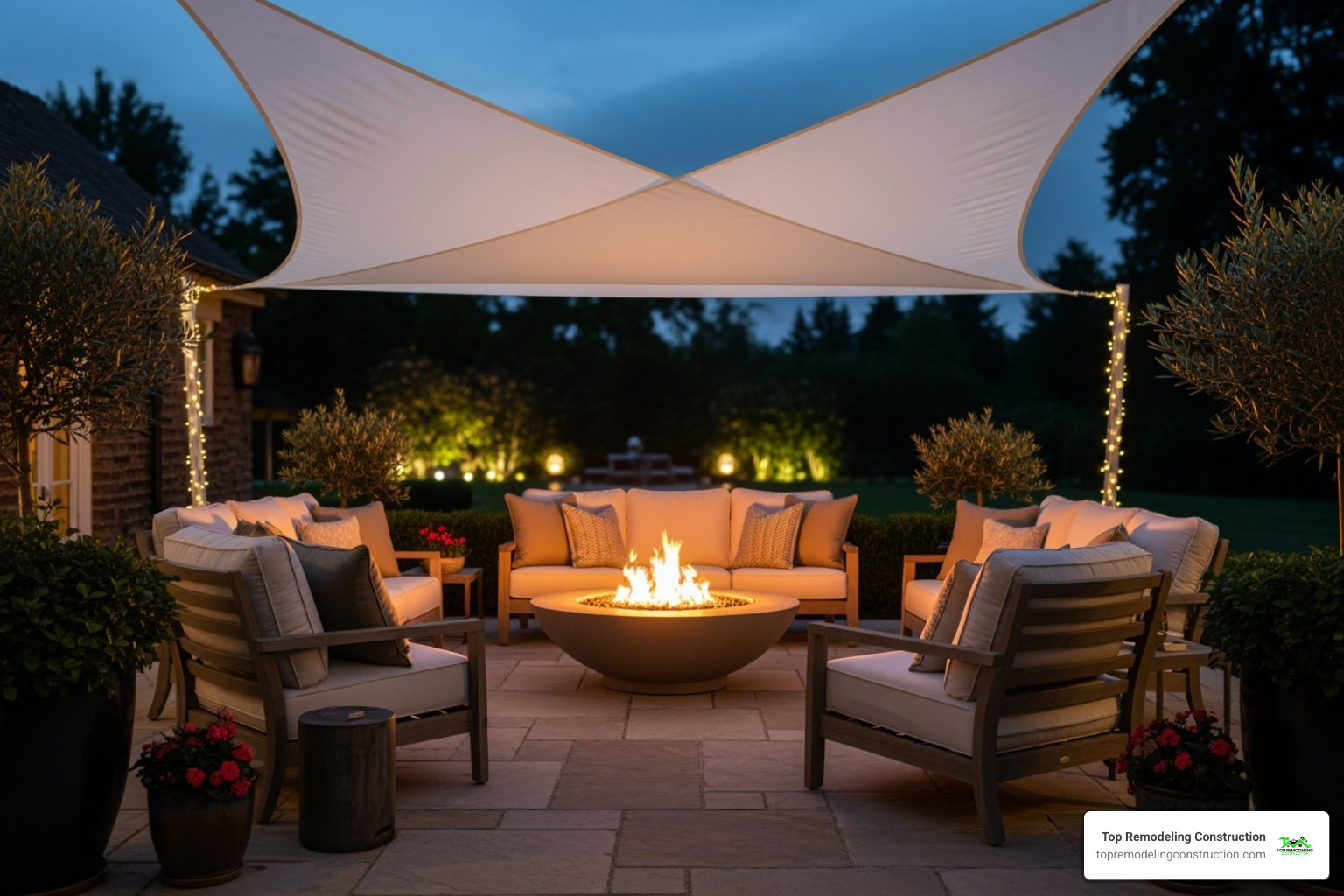 cozy, well-lit patio with a fire pit, comfortable seating, and a shade sail - patio remodeling ideas cozy, well-lit patio with a fire pit, comfortable seating, and a shade sail - patio remodeling ideas