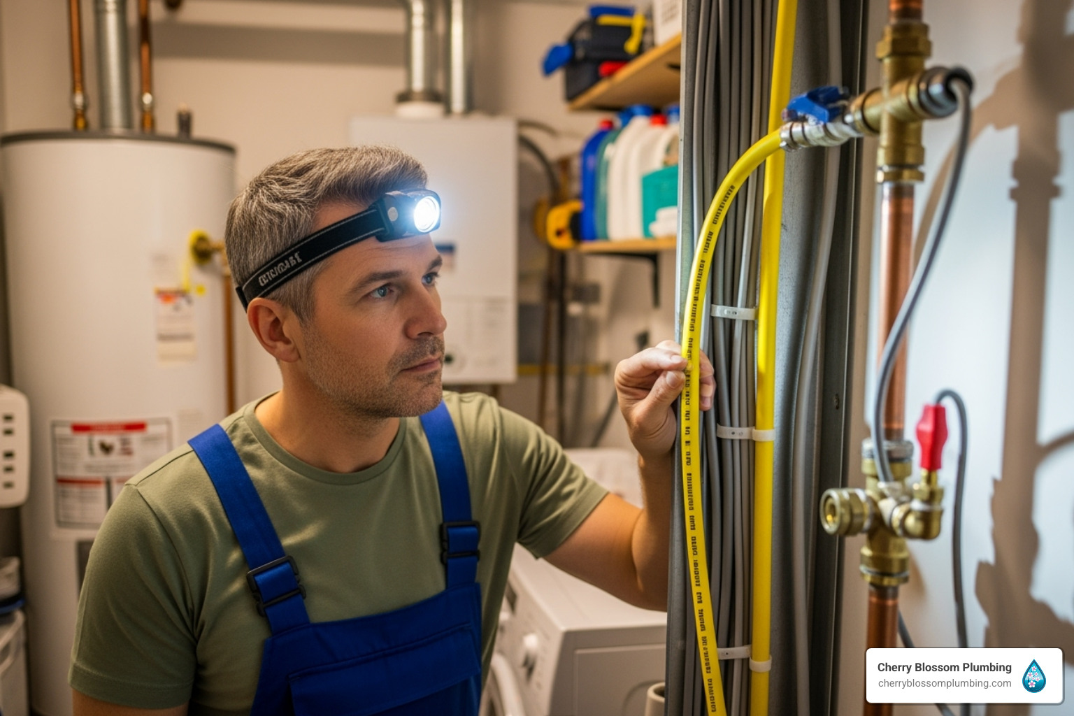 Plumber assessing home's existing plumbing and gas and electrical lines - tankless water heater installation