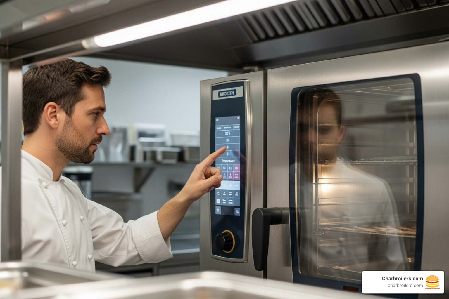 a chef programming a digital control panel on a convection oven - commercial convection oven for sale