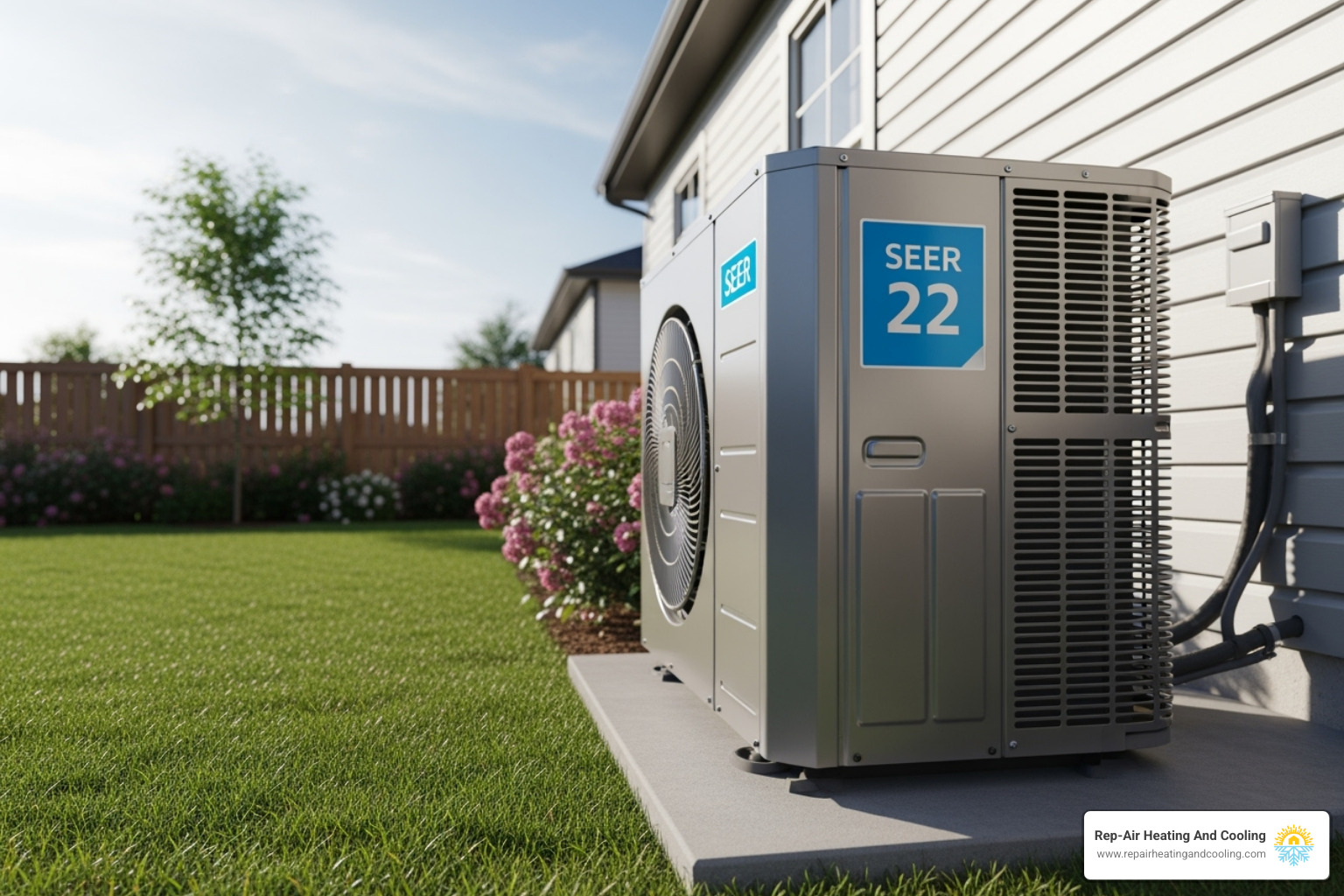 Modern, high-efficiency AC unit with SEER rating sticker - AC installation Mission *