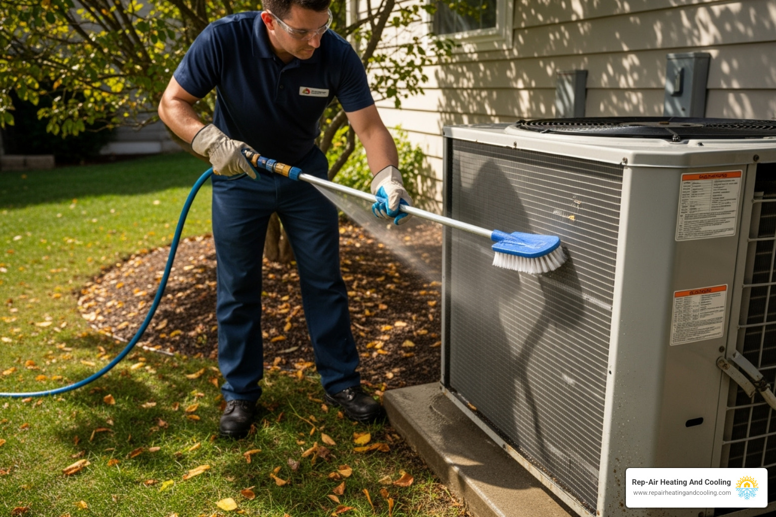 Technician cleaning an AC condenser coil - AC installation Mission *
