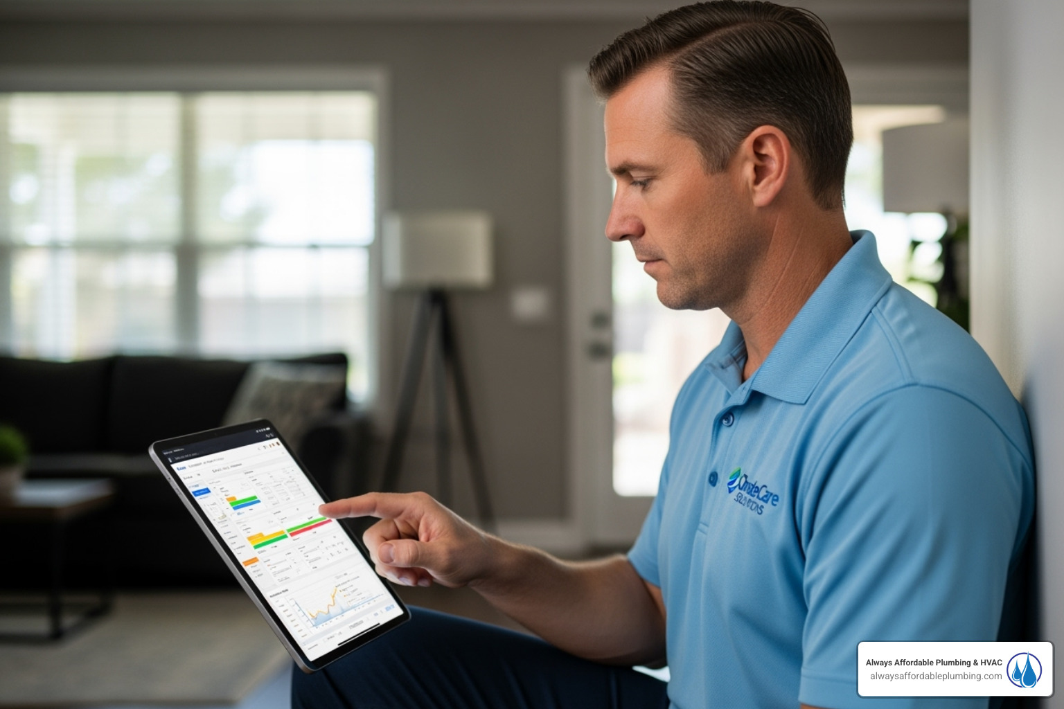 a technician performing a load calculation on a tablet - heater installation folsom