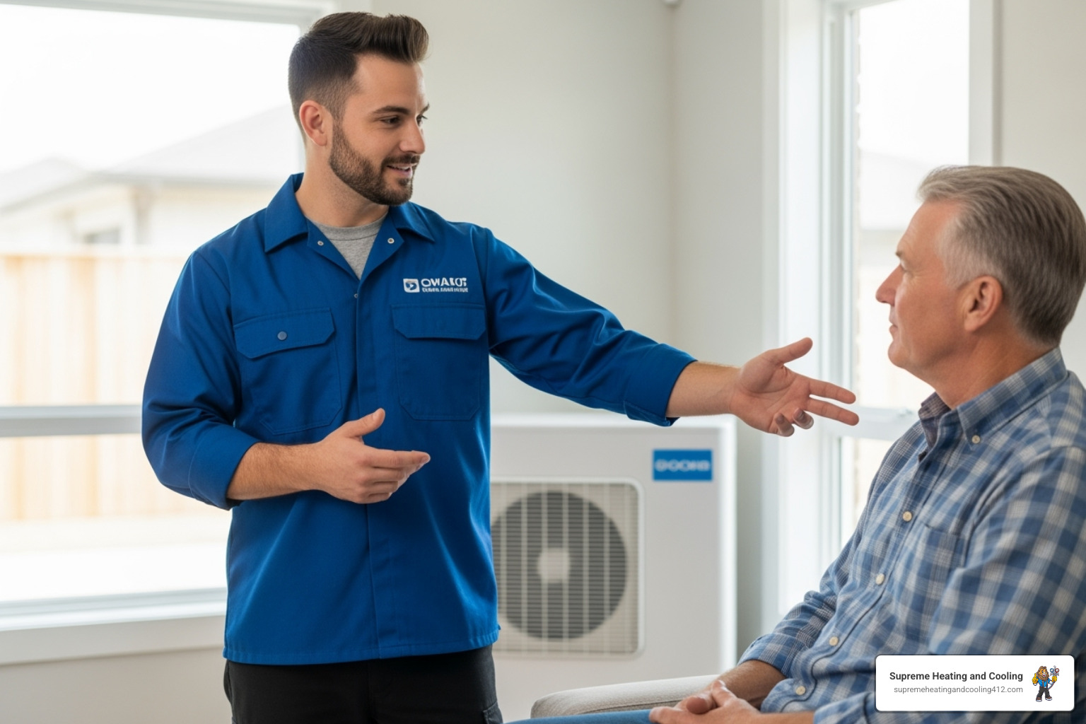 Image of a homeowner talking with a friendly HVAC technician - heat pump maintenance in penn hills