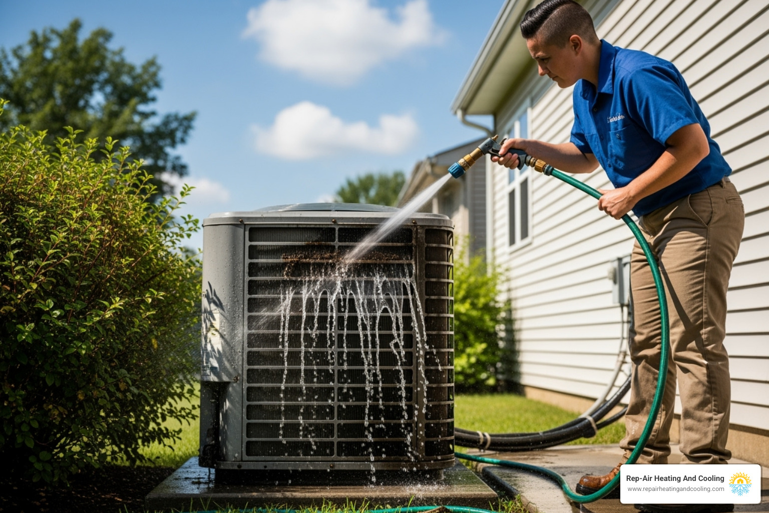 A technician is cleaning an outdoor AC unit with a hose - heating and cooling