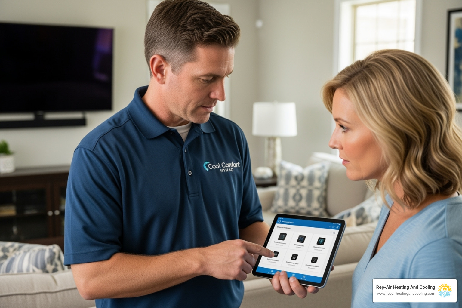 A technician is showing a homeowner different thermostat options on a tablet - heating and cooling