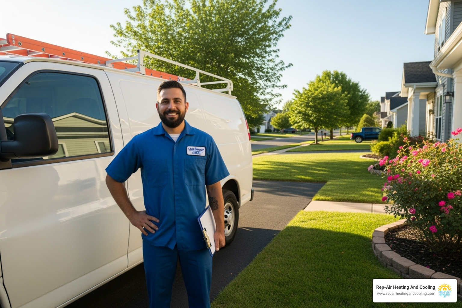 A friendly Rep-Air technician stands proudly beside a service van in a sunny Mission, BC neighborhood, ready to assist homeowners - heating and cooling