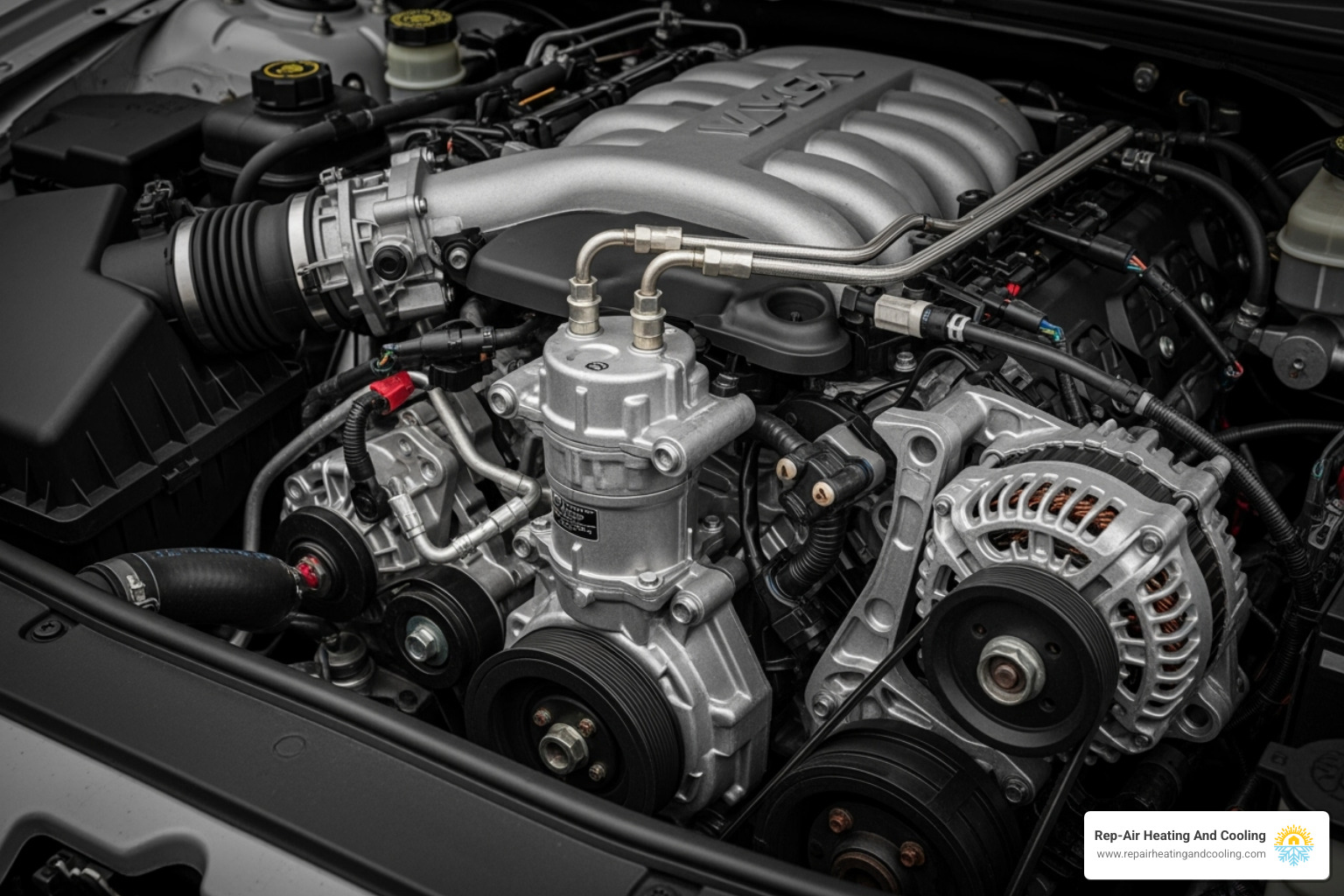 A car's engine bay with the AC compressor highlighted, showing its location for inspection. - ac system check