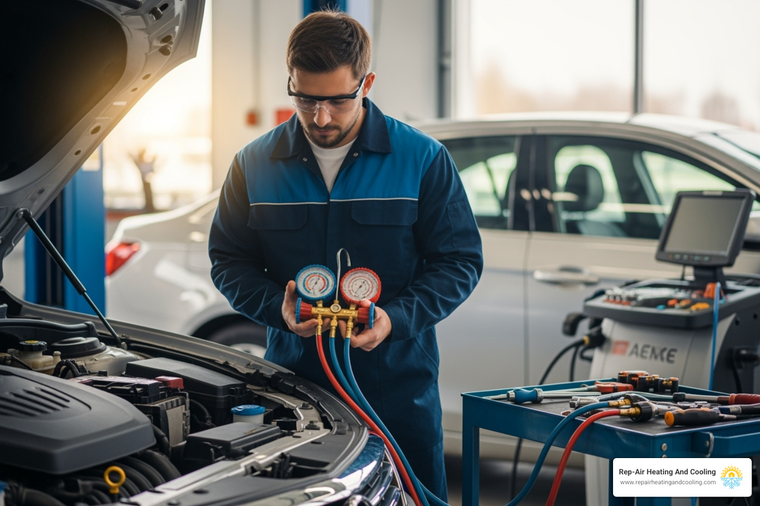 A technician uses manifold gauges to check refrigerant pressure on an AC unit, indicating a professional diagnostic process. - ac system check