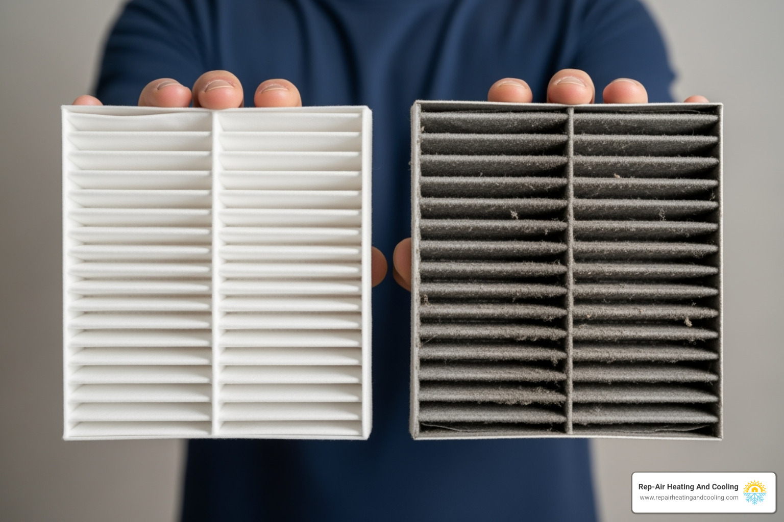 person holding up a clean air filter next to a dirty one - AC indoor unit repair