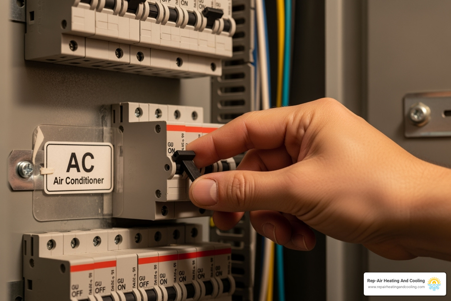 person safely turning off a circuit breaker labeled 'AC' - AC indoor unit repair