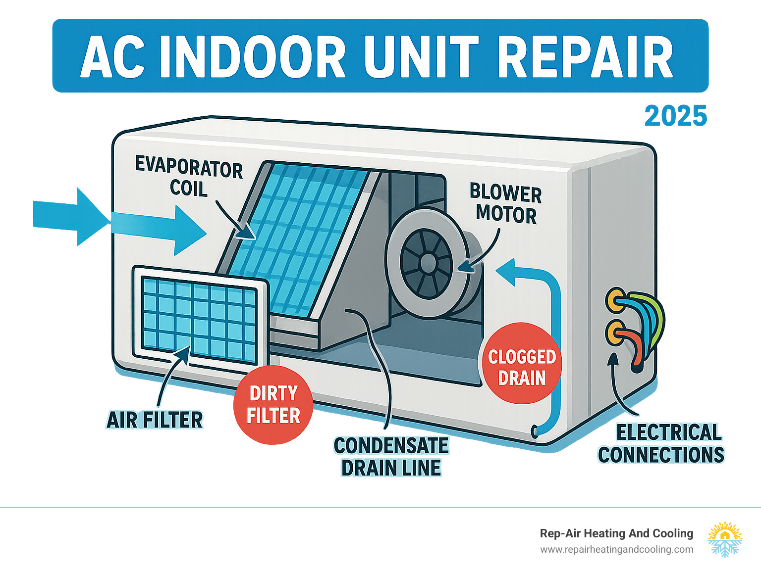 Comprehensive infographic showing indoor AC unit components including evaporator coil, blower motor, air filter location, condensate drain line, and electrical connections, with arrows indicating airflow direction and common problem areas highlighted in red - AC indoor unit repair infographic 