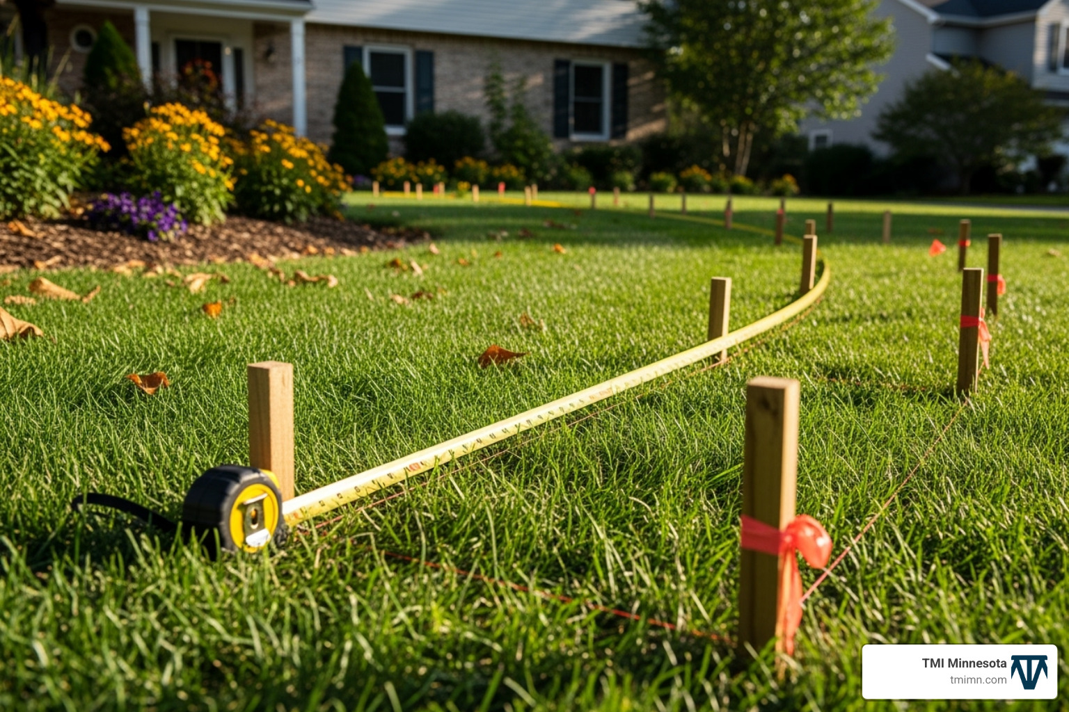 tape measure and stakes laying out a curve in a front yard - half circle driveway for small yard