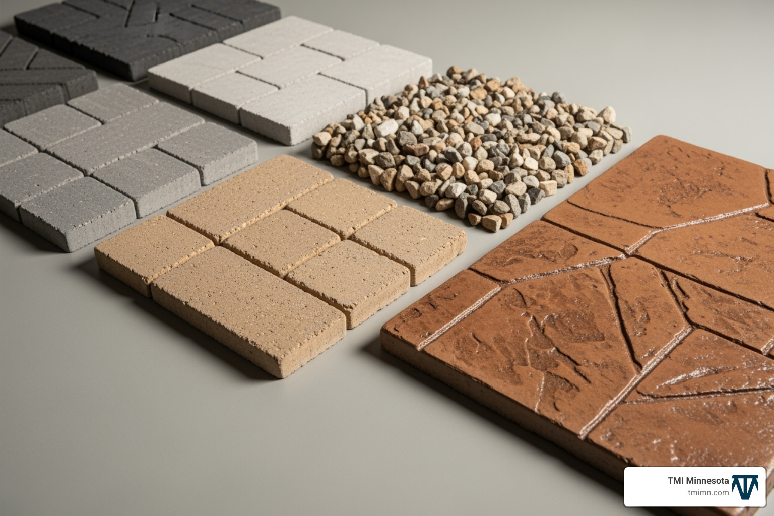 material swatches like pavers, gravel, and stamped concrete - half circle driveway for small yard