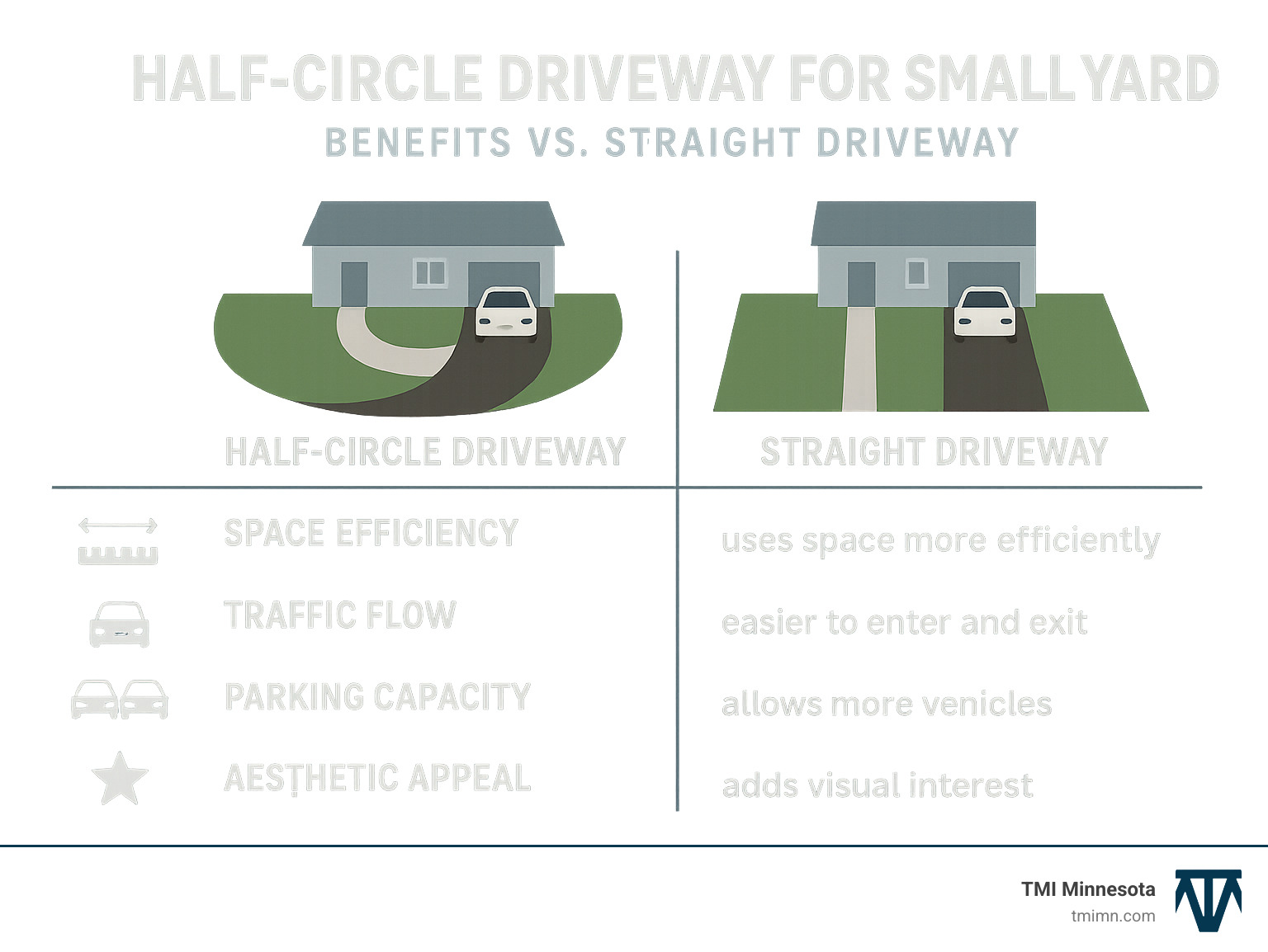 Infographic comparing half-circle driveway benefits vs straight driveway for small yards showing space efficiency, traffic flow, parking capacity, and aesthetic appeal - half circle driveway for small yard infographic 