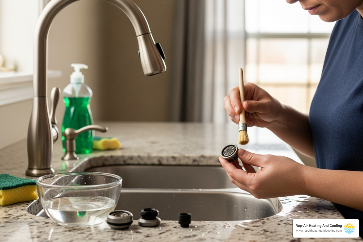 Homeowner cleaning a faucet aerator - Preventative maintenance plumbing