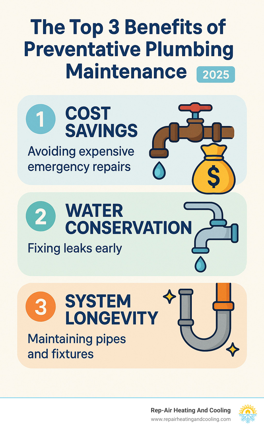 Infographic showing the top 3 benefits of preventative plumbing maintenance: cost savings through avoiding expensive emergency repairs, water conservation by fixing leaks early, and system longevity by maintaining pipes and fixtures properly - Preventative maintenance plumbing infographic 
