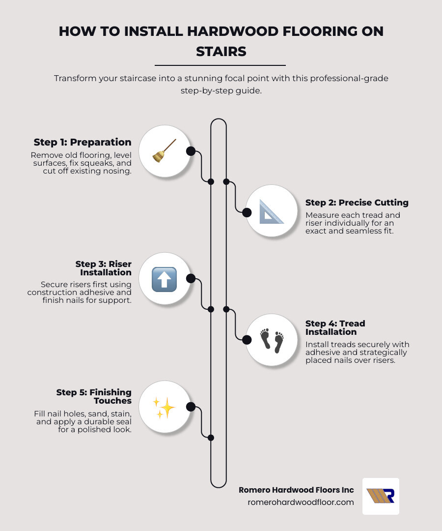 Step-by-step hardwood stair installation process showing preparation, cutting, riser installation, tread installation, and finishing with labeled tools and materials needed for each phase - how do you install hardwood flooring on stairs infographic infographic-line-5-steps-neat_beige
