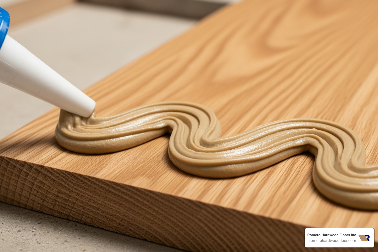 Construction adhesive being expertly applied to the back of a hardwood tread, ensuring a strong and lasting bond during installation. - how do you install hardwood flooring on stairs