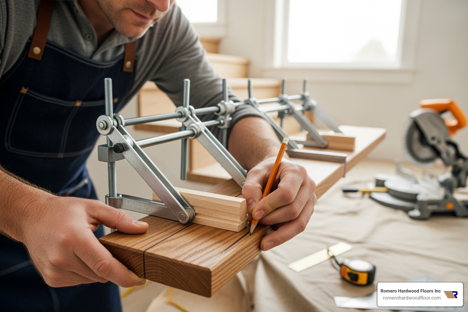 A homeowner carefully measuring a stair tread with a jig, ensuring precise cuts for a perfect fit. - how do you install hardwood flooring on stairs