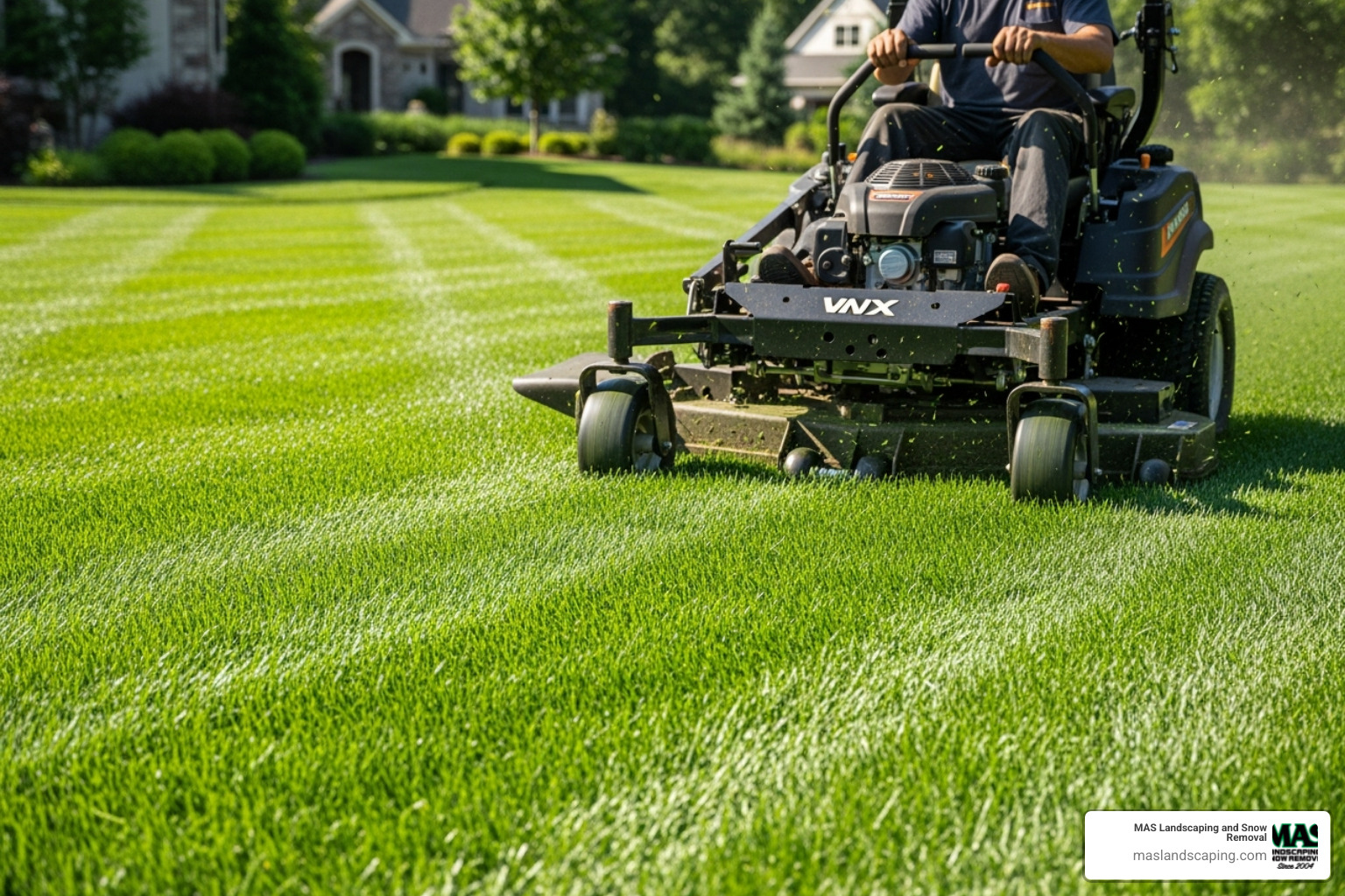 A vibrant, healthy green lawn being professionally mowed - landscaping and gardening services near me