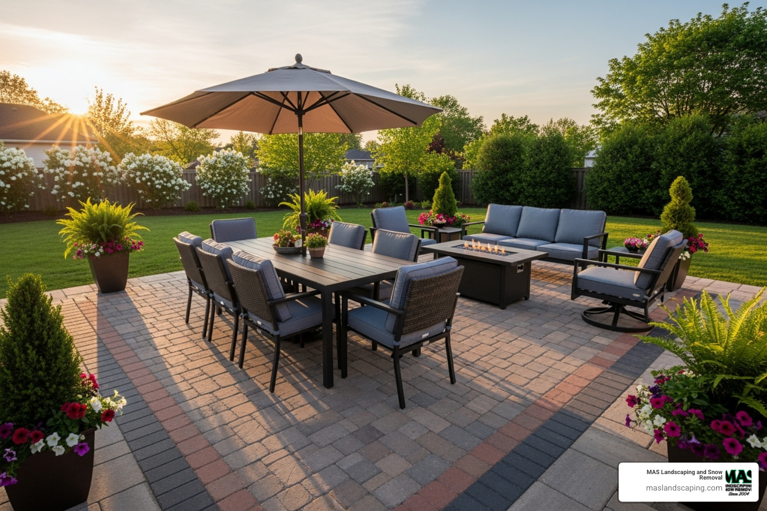 A newly installed interlocking paver patio with outdoor furniture - landscaping and gardening services near me