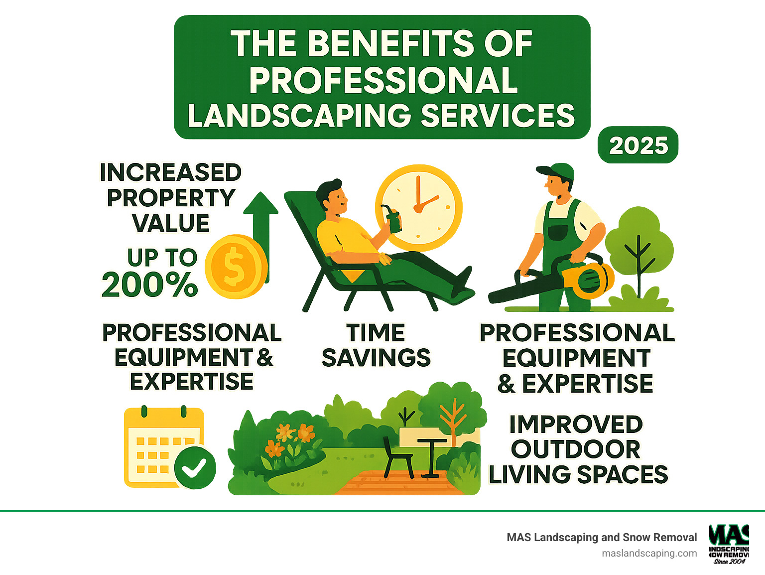 Comprehensive guide showing the main benefits of professional landscaping services including increased property value up to 200% ROI, time savings for homeowners, professional equipment and expertise, consistent seasonal maintenance, and improved outdoor living spaces with both softscaping elements like lawns and gardens, and hardscaping features like patios and walkways - landscaping and gardening services near me infographic 