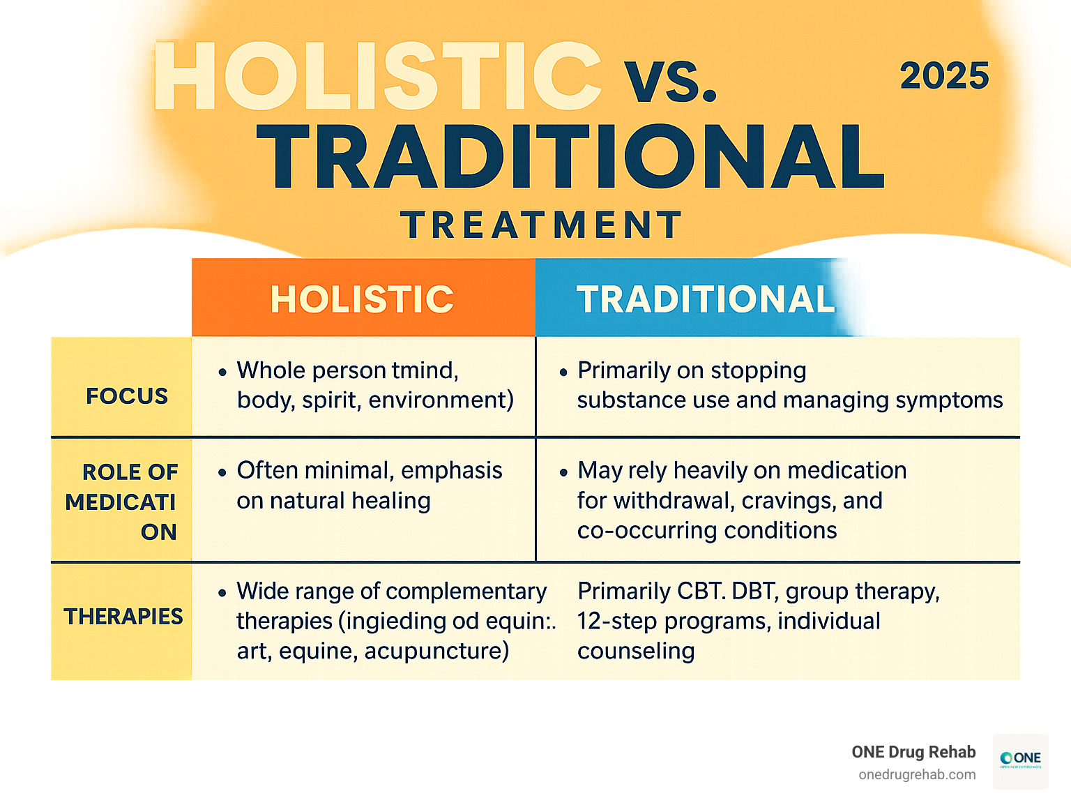 Table comparing Holistic vs. Traditional Treatment approaches - holistic treatment centers near me infographic 