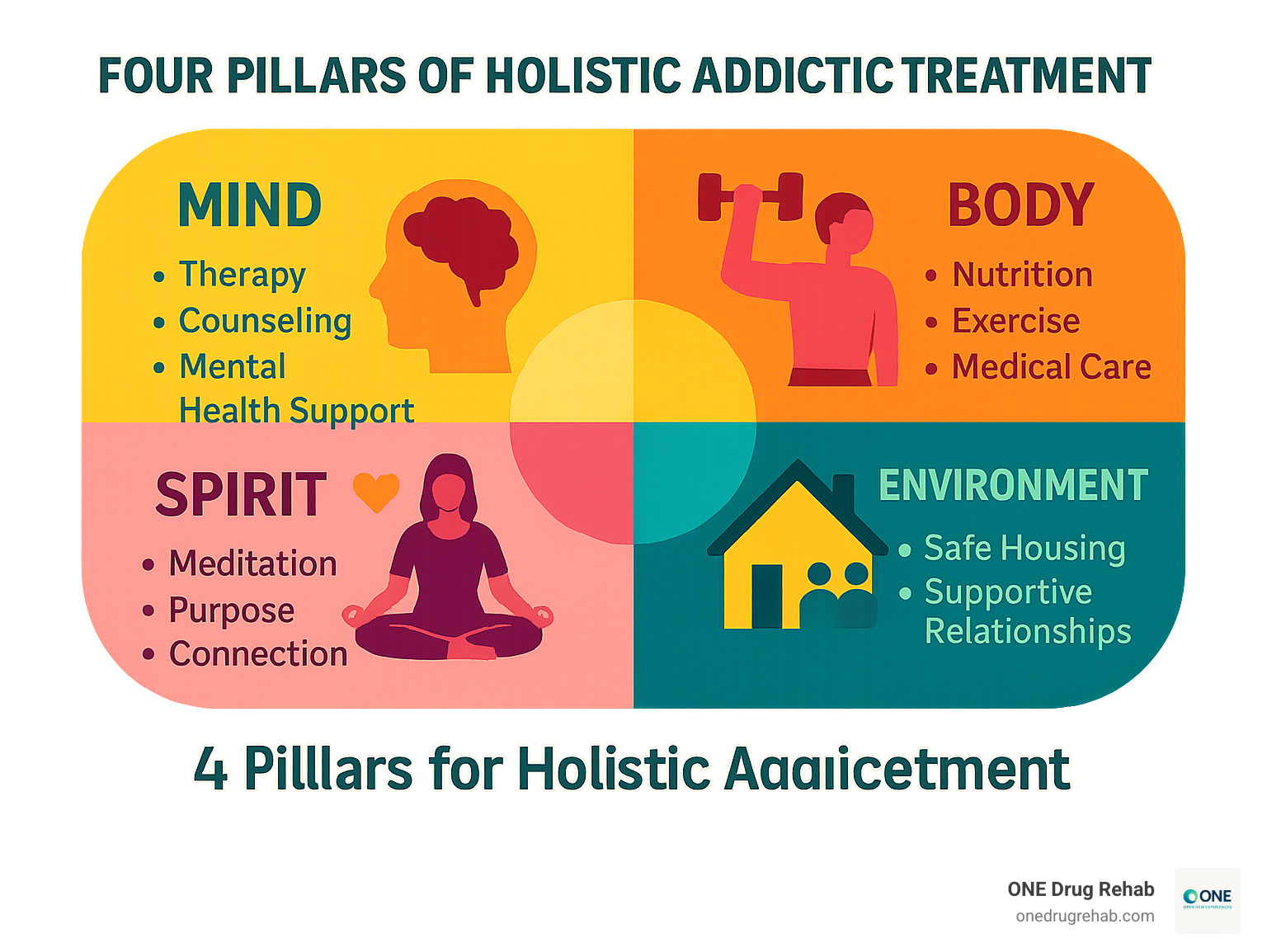 Infographic showing the four pillars of holistic addiction treatment: Mind (therapy, counseling, mental health support), Body (nutrition, exercise, medical care), Spirit (meditation, purpose, connection), and Environment (safe housing, supportive relationships, lifestyle changes) - holistic treatment centers near me infographic 