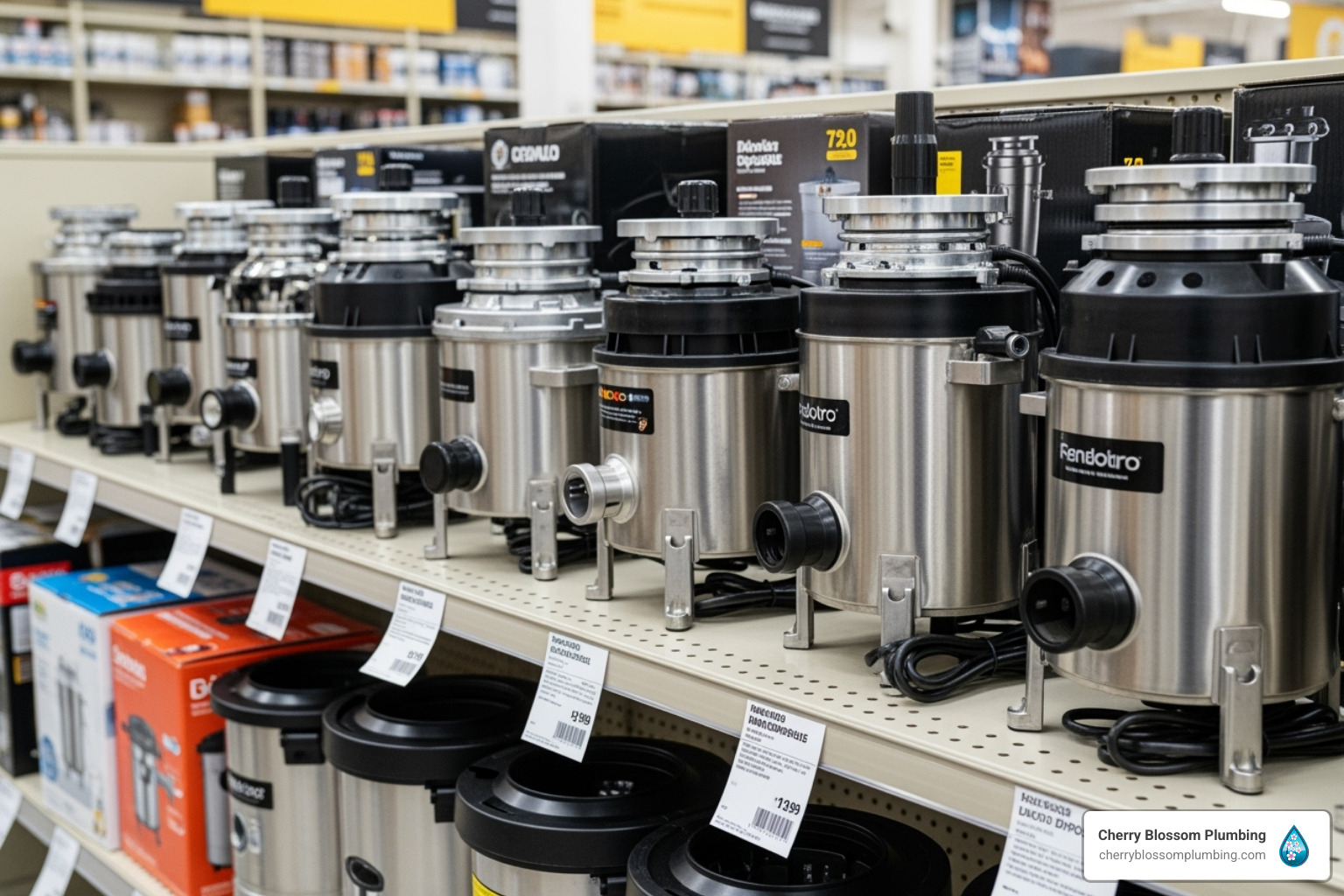 different types of garbage disposals on a shelf - garbage disposal installation alexandria