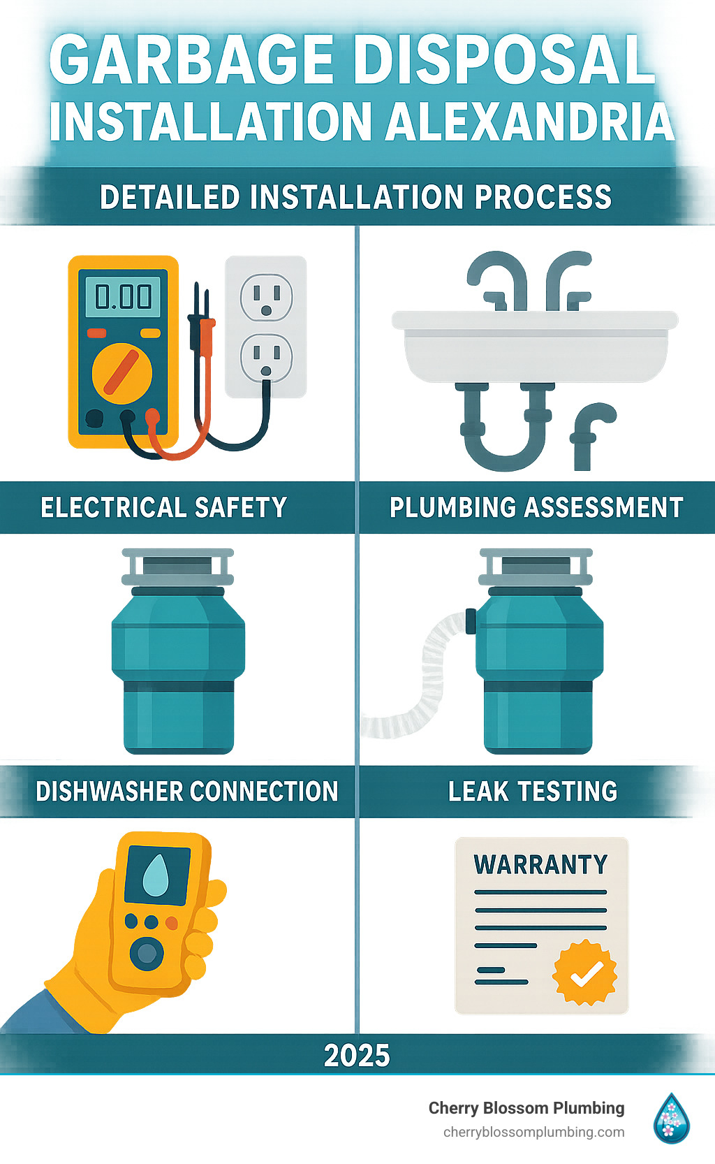 Detailed infographic showing garbage disposal installation process including electrical safety checks, plumbing assessment, secure mounting under sink, dishwasher connection integration, leak testing procedures, and final warranty documentation - garbage disposal installation alexandria infographic 