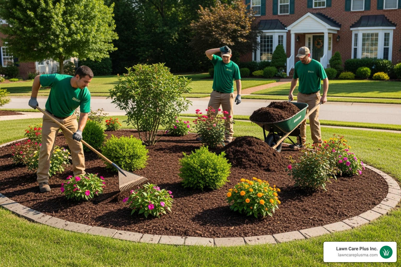 a landscaping crew mulching garden beds - landscape maintenance services