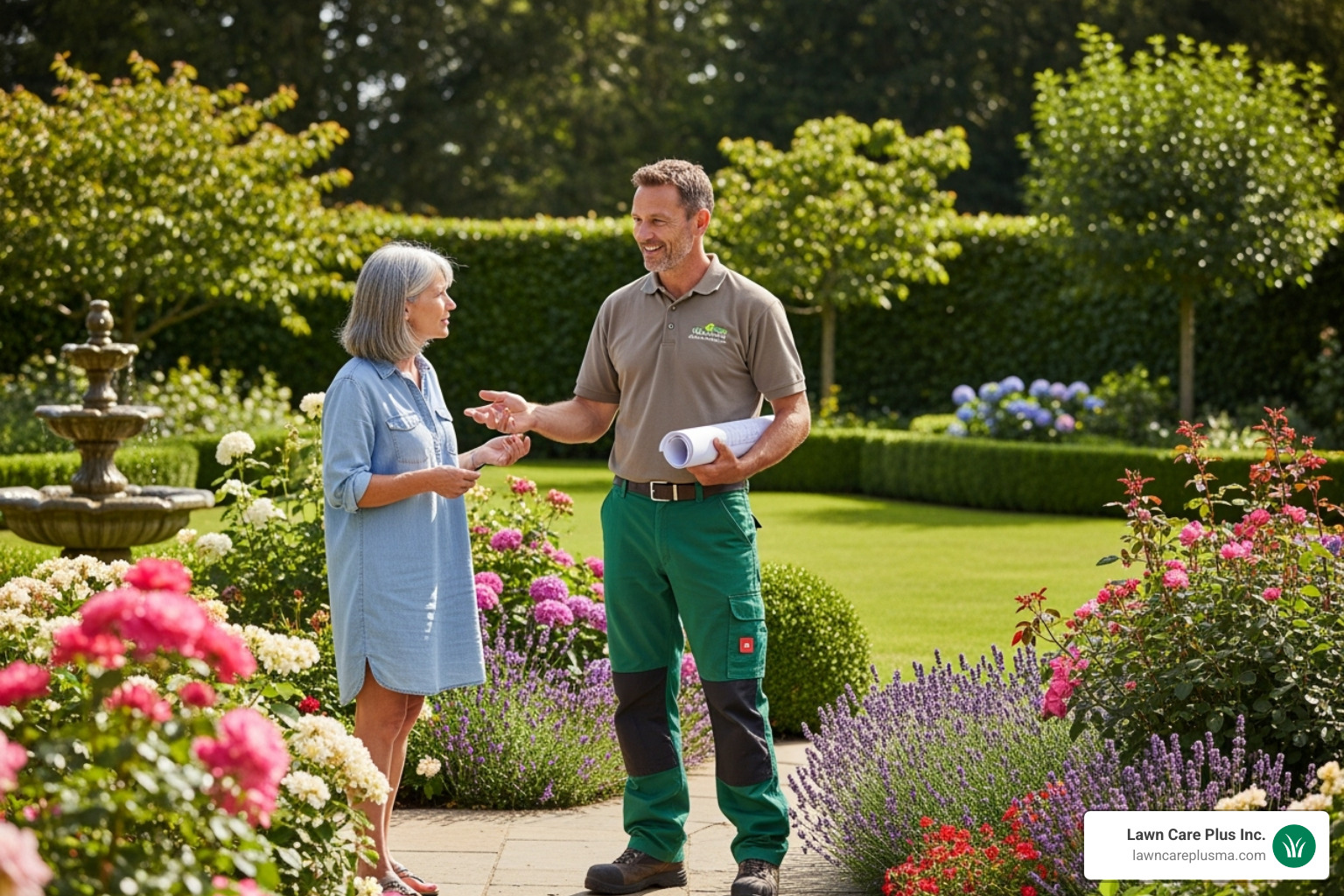 a friendly landscaper discussing a plan with a homeowner - landscape maintenance services