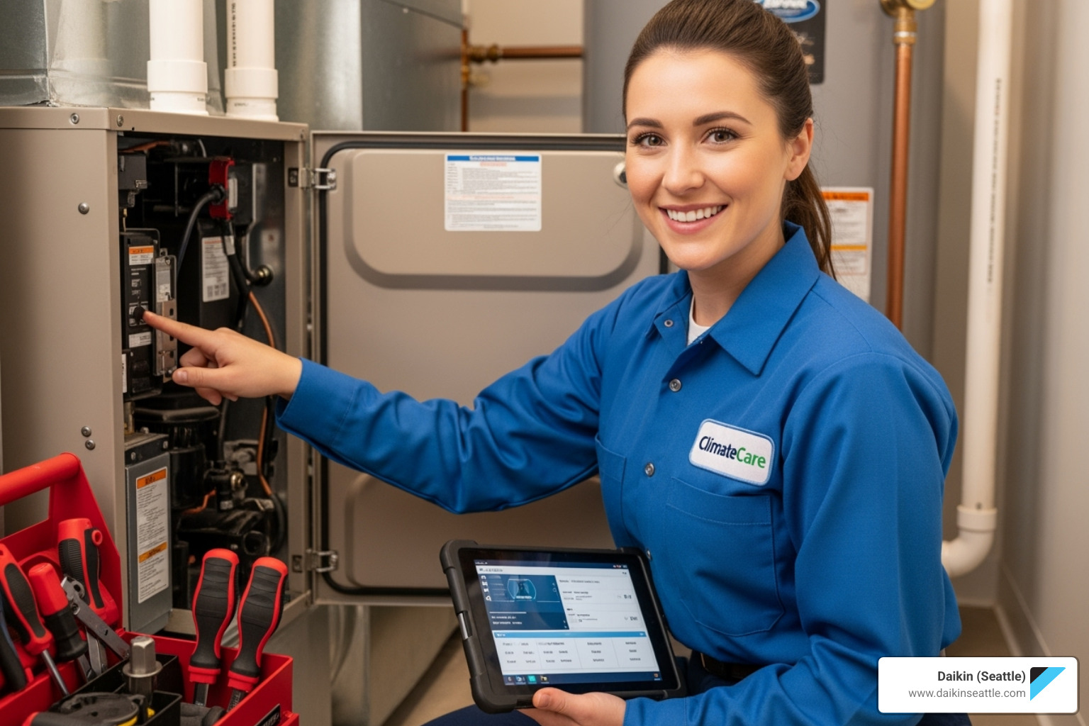 A friendly technician smiling while inspecting an indoor furnace unit - HVAC preventative maintenance